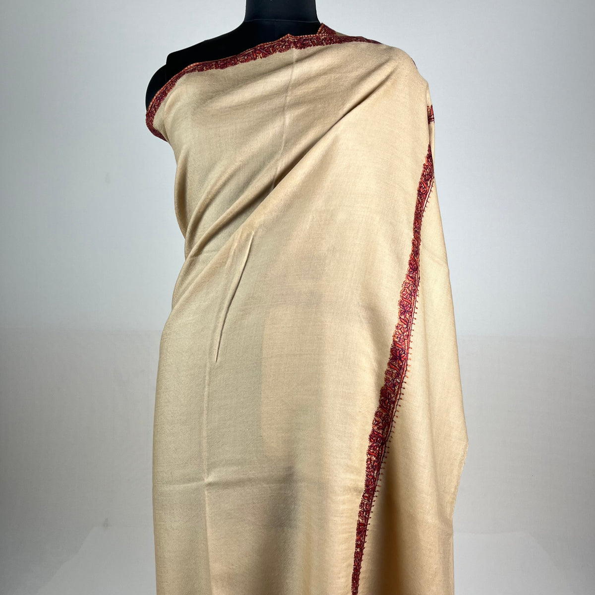 Marino Pashmina Shawl Hashidar Sozni Embroidery - Light Brown
