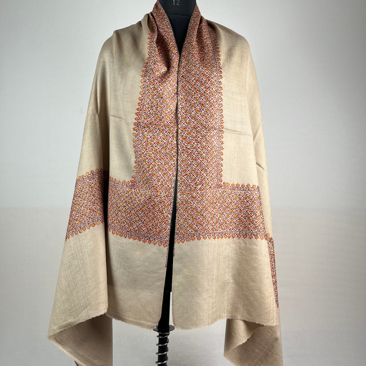 Light brown Pashmina shawl with Sozni border, Srinagar handicraft