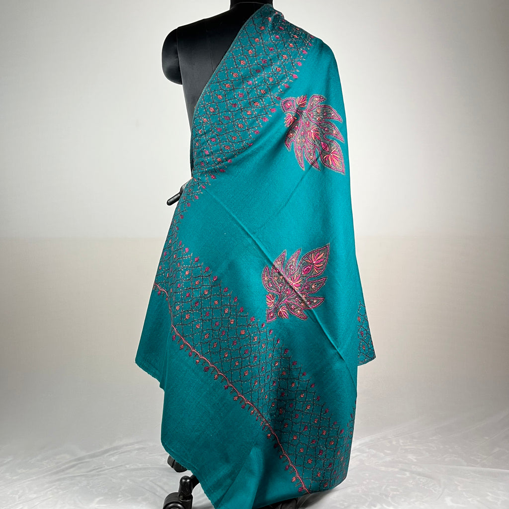 Blue Marino Pashmina shawl with hand-done Sozni embroidery from Srinagar Kashmir