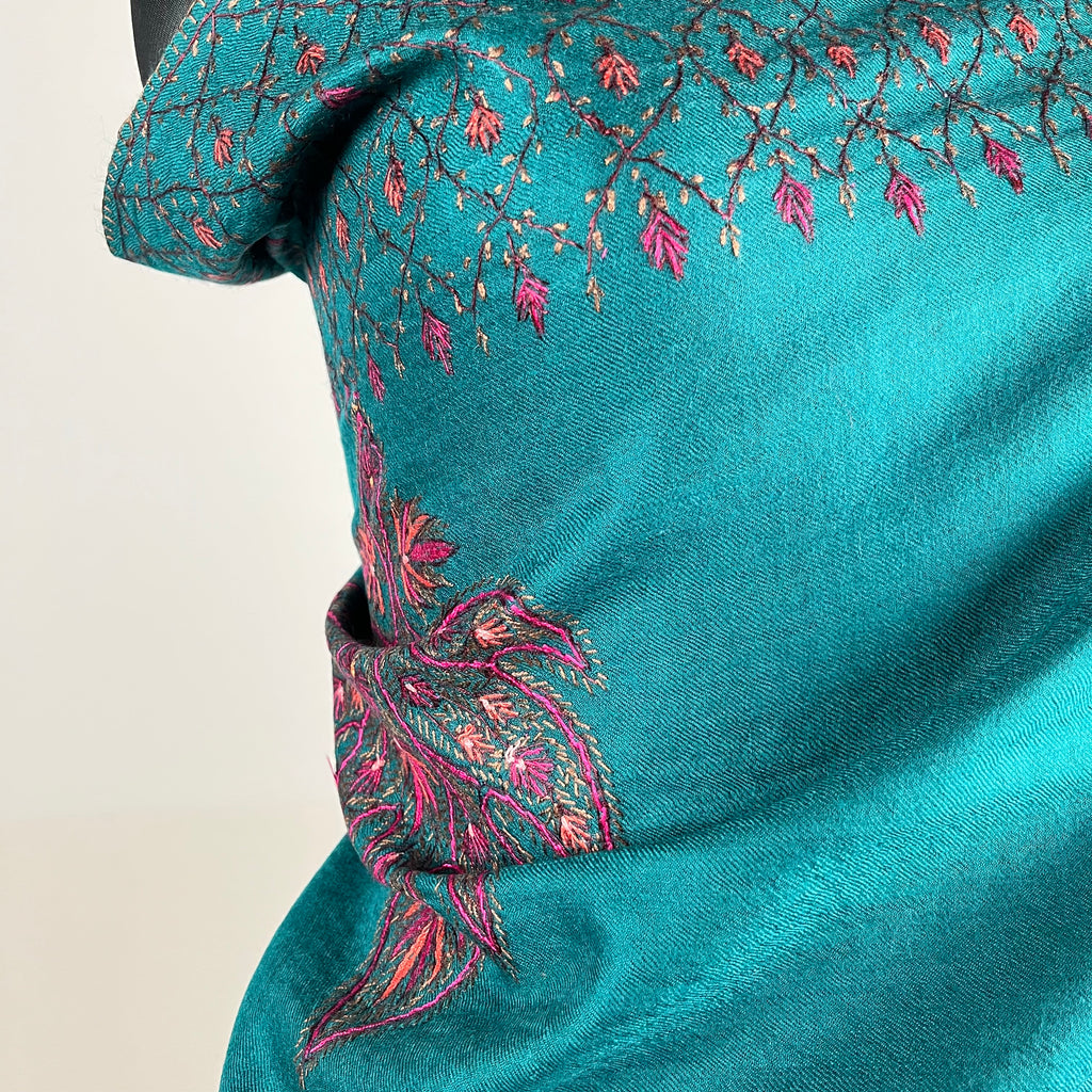 Blue Pashmina shawl with Sozni border embroidery, Kashmir handicraft
