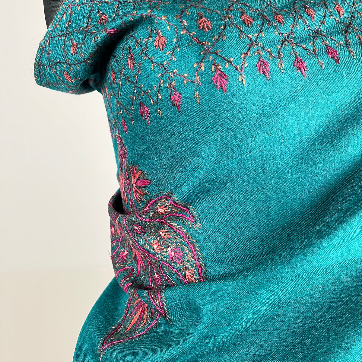 Blue Pashmina shawl with Sozni border embroidery, Kashmir handicraft