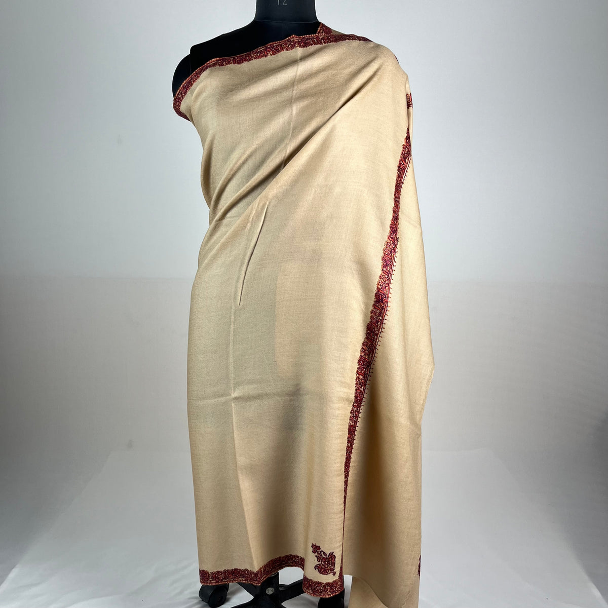 Marino Pashmina Shawl Hashidar Sozni Embroidery - Light Brown