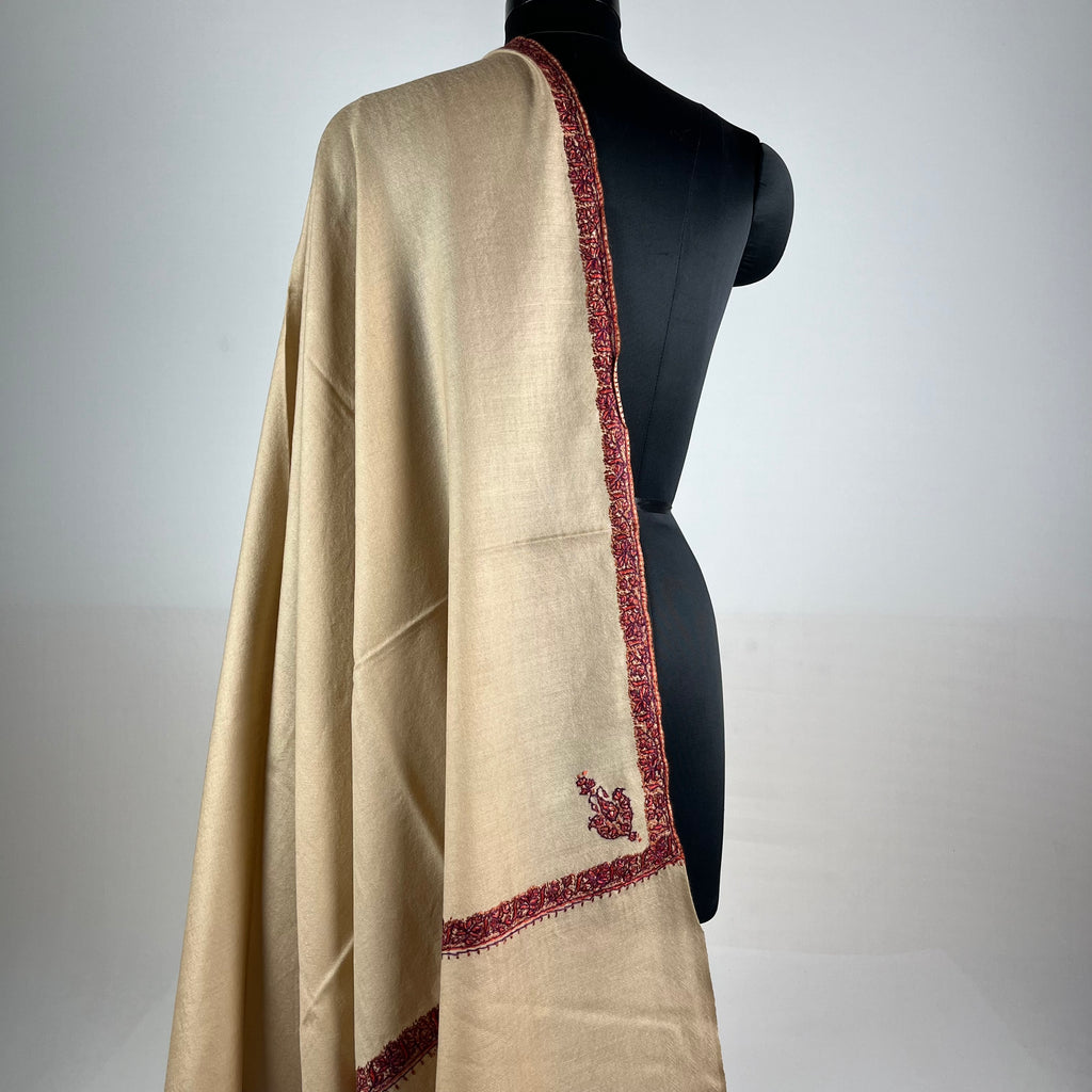 Marino Pashmina Shawl Hashidar Sozni Embroidery - Light Brown