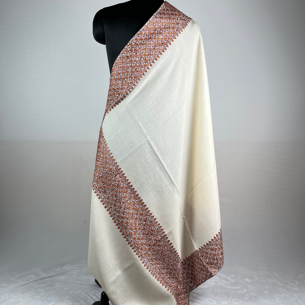 White Marino Pashmina shawl with hand-done Sozni embroidery from Kashmir