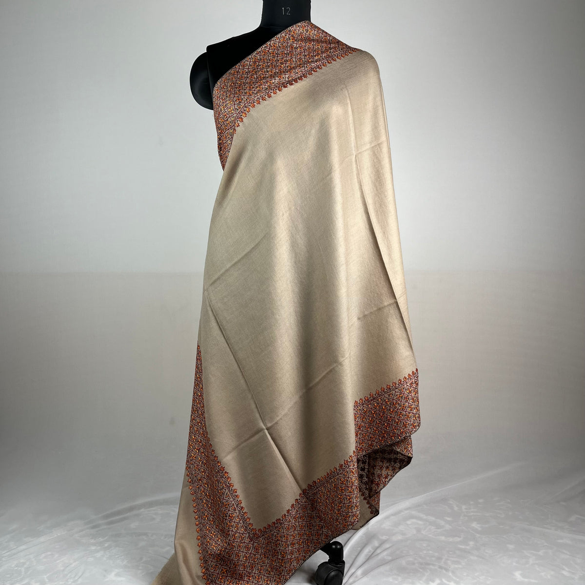 Light brown Marino Pashmina shawl with Sozni hand embroidery from Kashmir