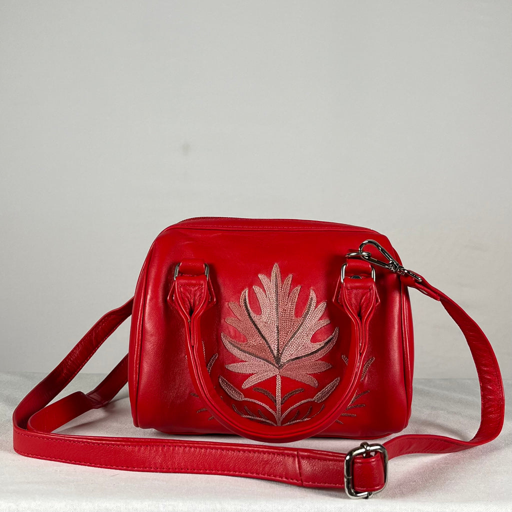 Boston Sling Bag Sheep Leather  – Hand Embroidered (Red)