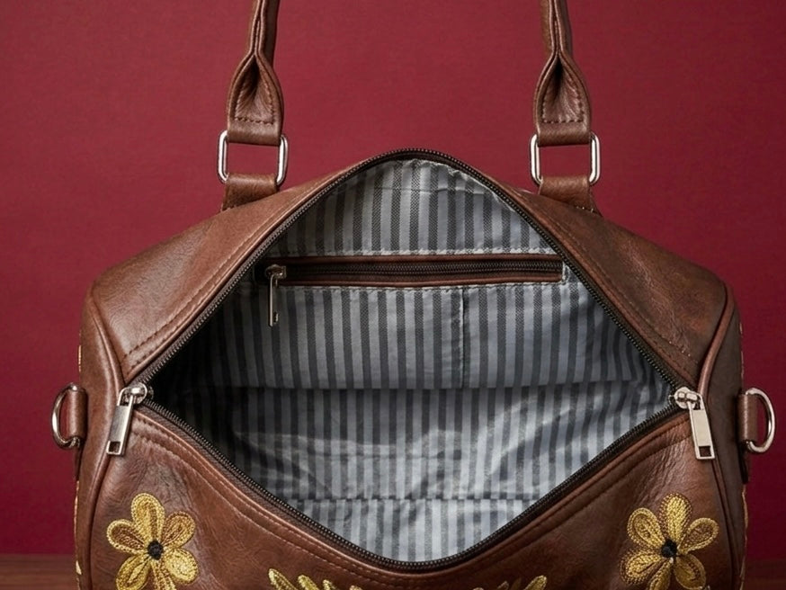 Mini Duffle Bag Full Grain Real Sheep leather with Green Aari Embroidery (Deep Maroonish Brown)