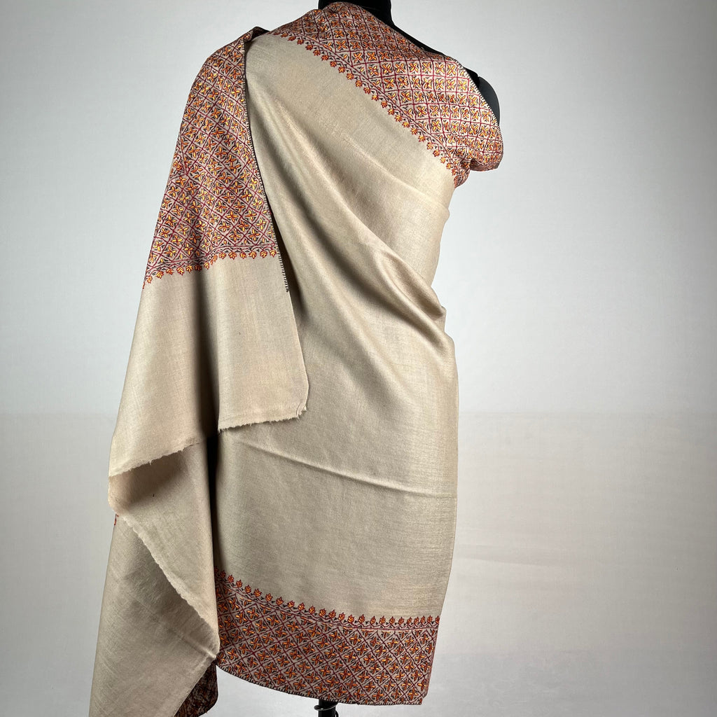 Light brown Sozni Pashmina shawl draped to show full length