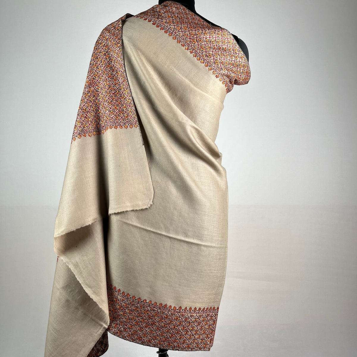 Light brown Sozni Pashmina shawl draped to show full length