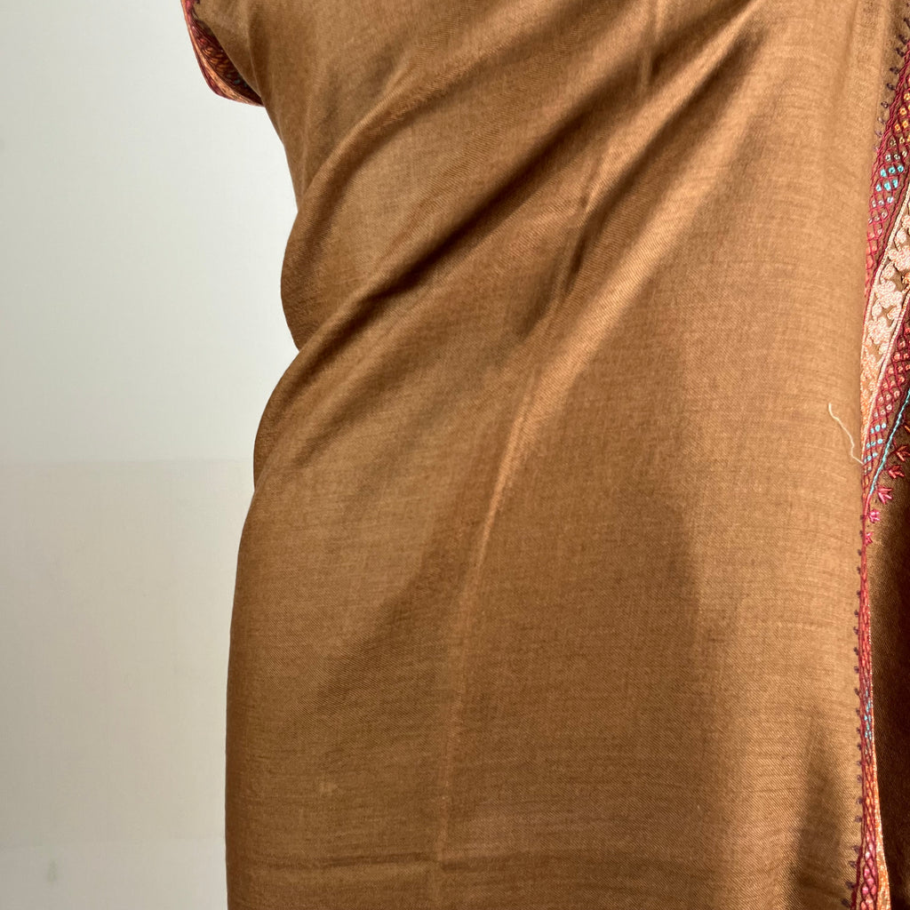 Marino Pashmina Shawl Tilla & Sozni Embroidery - Brown