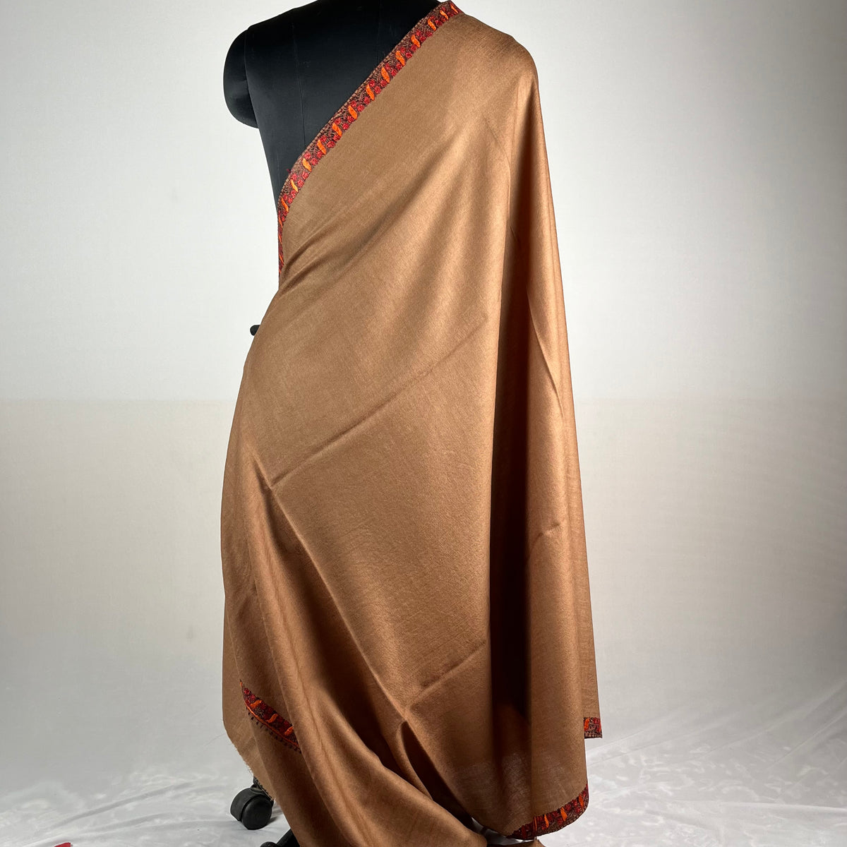 Brown Marino Pashmina shawl with Hashidar Sozni hand embroidery from Kashmir