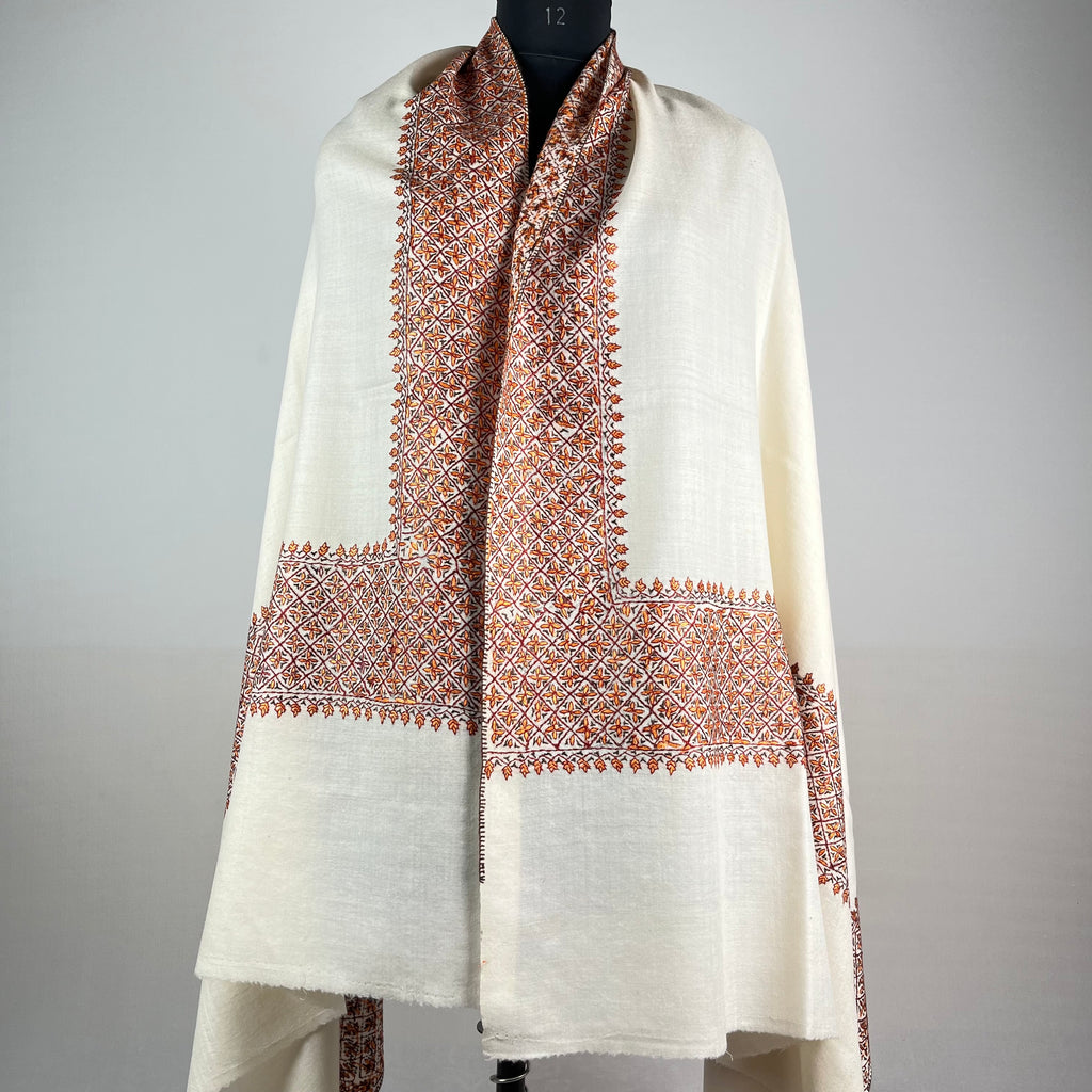 White Sozni embroidered Pashmina shawl draped to show full length