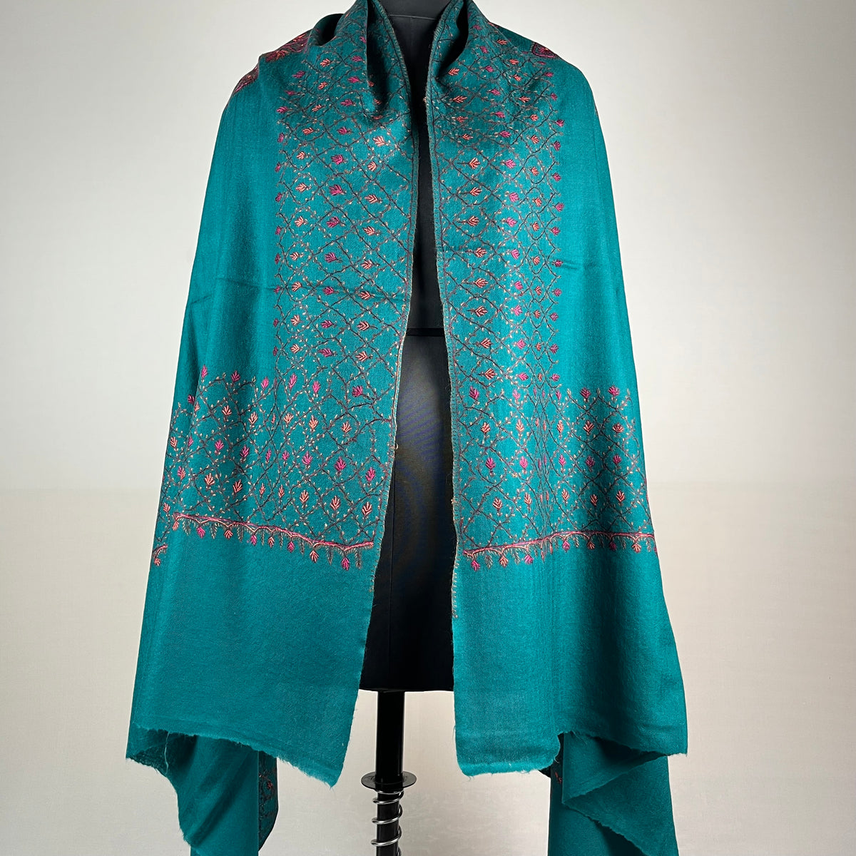 Blue Sozni Pashmina shawl draped to show full length