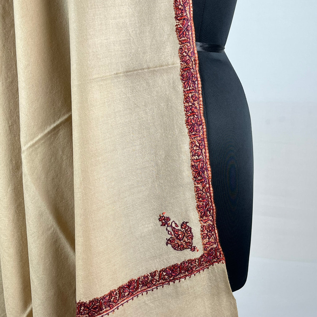 Marino Pashmina Shawl Hashidar Sozni Embroidery - Light Brown