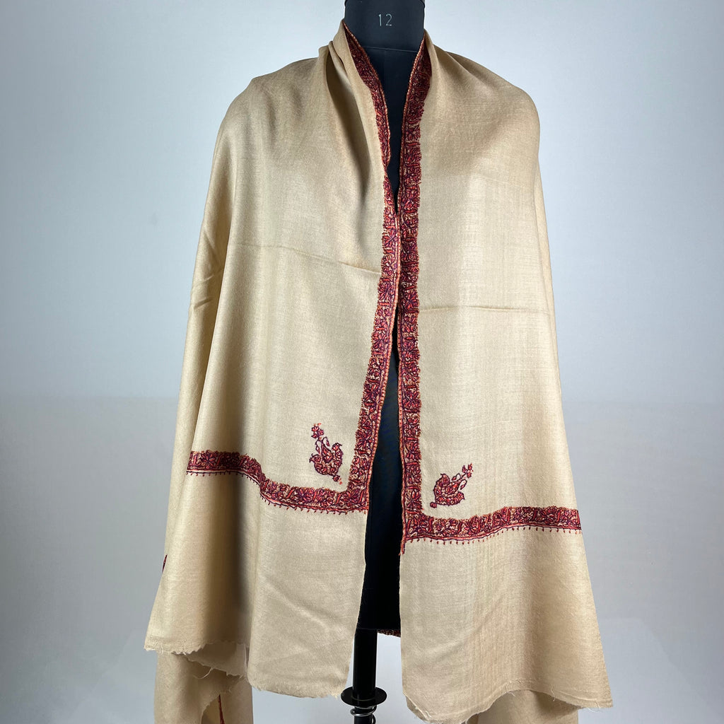 Marino Pashmina Shawl Hashidar Sozni Embroidery - Light Brown