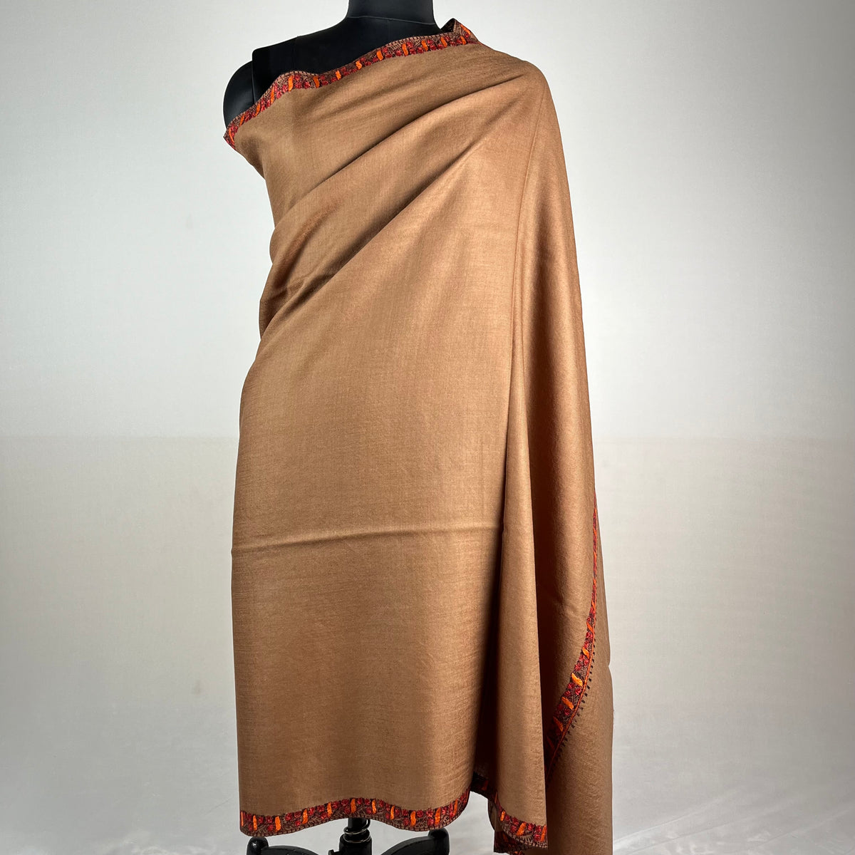Brown Hashidar Sozni Pashmina shawl draped to show full length