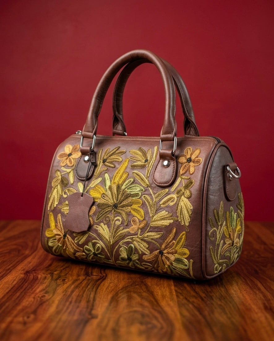Mini Duffle Bag Full Grain Real Sheep leather with Green Aari Embroidery (Deep Maroonish Brown)