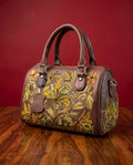 Mini Duffle Bag Full Grain Real Sheep leather with Green Aari Embroidery (Deep Maroonish Brown)