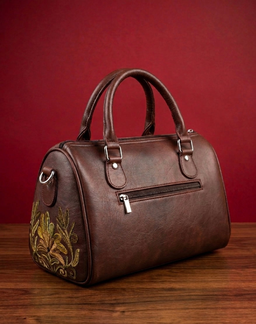Mini Duffle Bag Full Grain Real Sheep leather with Green Aari Embroidery (Deep Maroonish Brown)