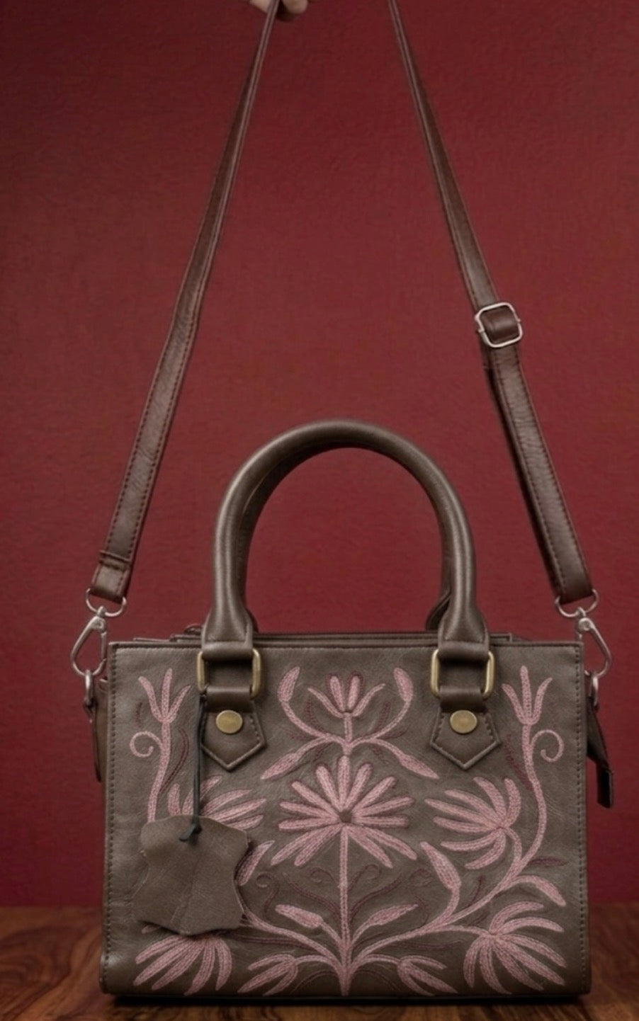 Small Handbag Full grain Real Sheep leather with Purple aari work ( Deep chocolate brown)