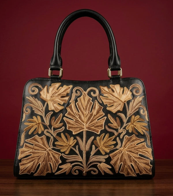 Sheep Leather Sling Bag – Golden Embroidery(Black)