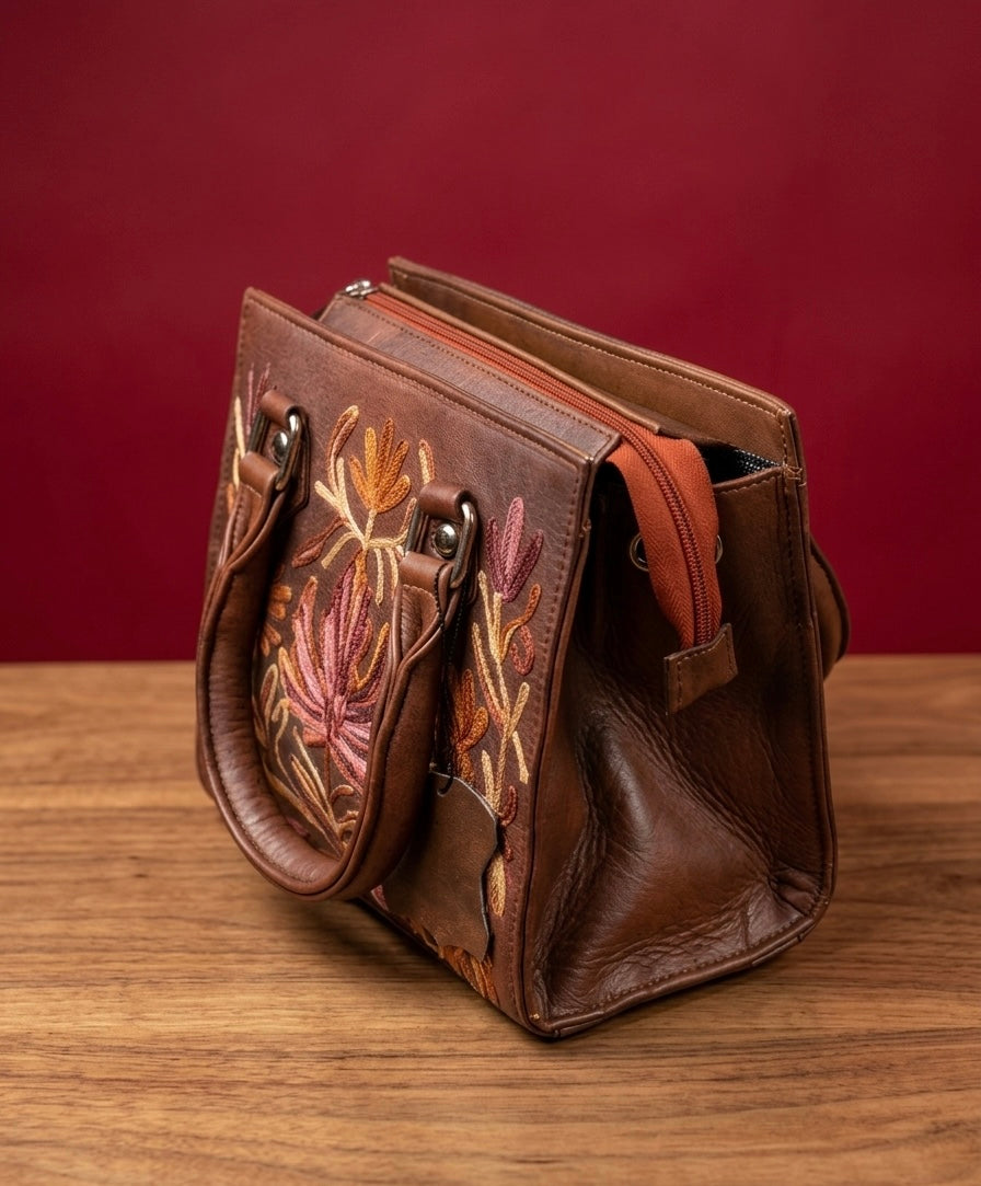 Small Handbag Full grain Real Sheep leather with aari work ( Dark Brownish Maroon)