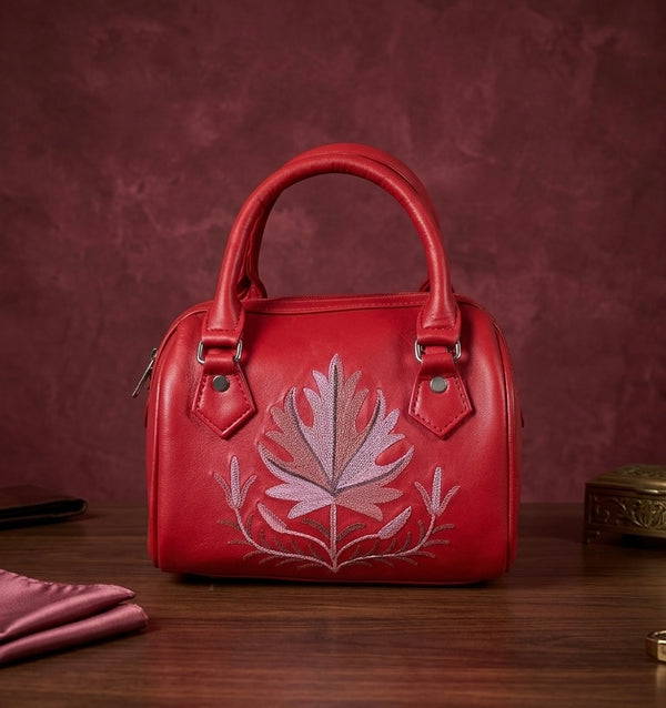 Boston Sling Bag Sheep Leather  – Hand Embroidered (Red)
