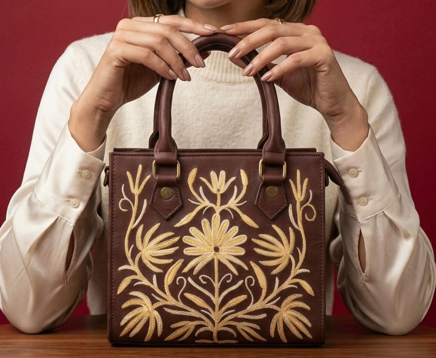 Small Handbag Full grain Real Sheep leather with aari work ( Dark chocolaty brown)