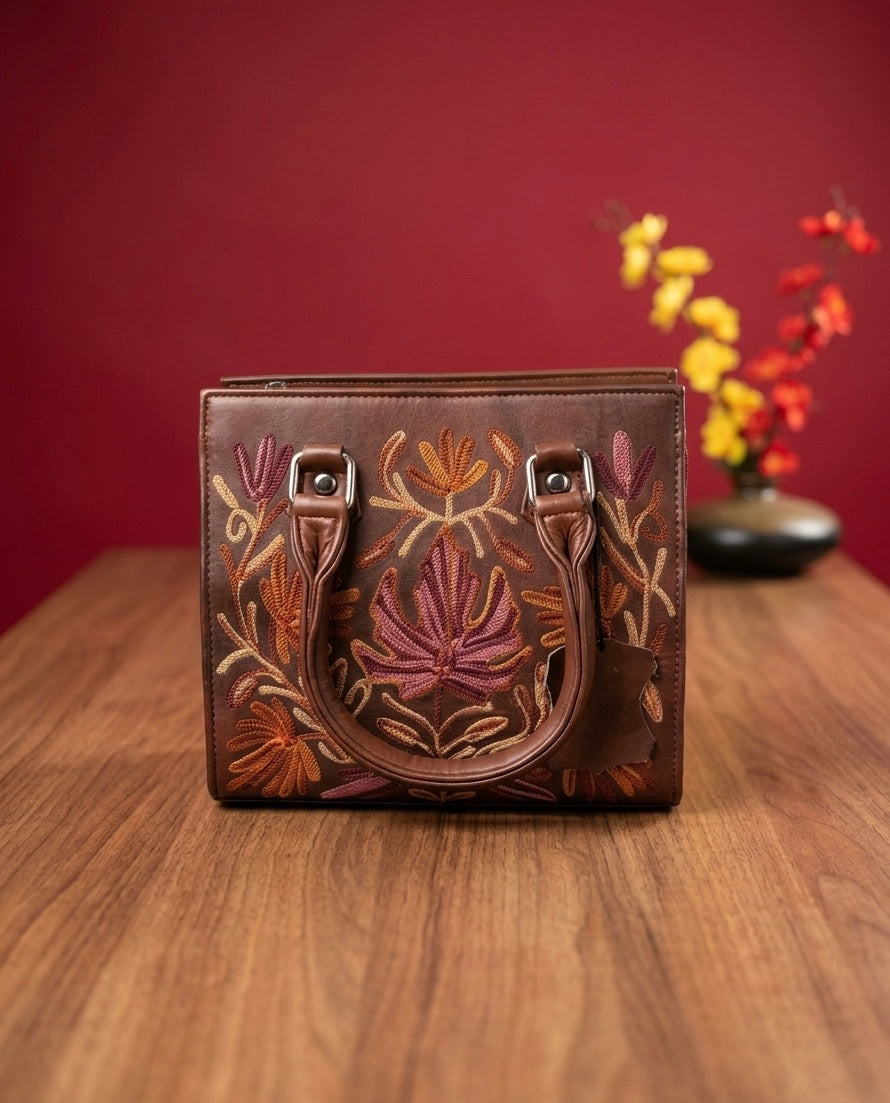 Small Handbag Full grain Real Sheep leather with aari work ( Dark Brownish Maroon)