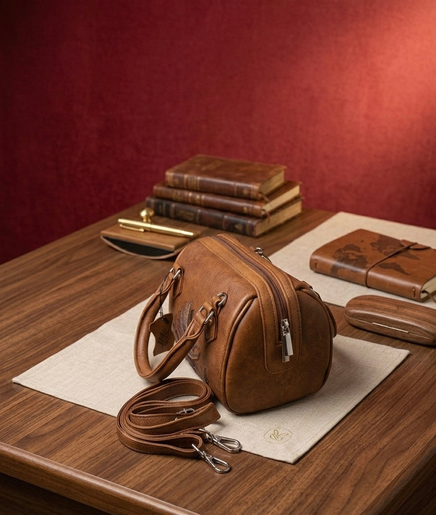 Boston Sling Full Grain Sheep Leather Handembroided  Handbag (Brown)