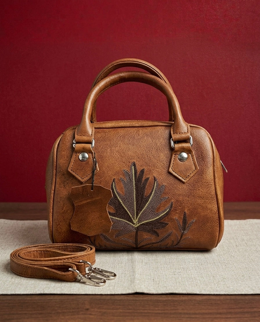 Boston Sling Full Grain Sheep Leather Handembroided  Handbag (Brown)