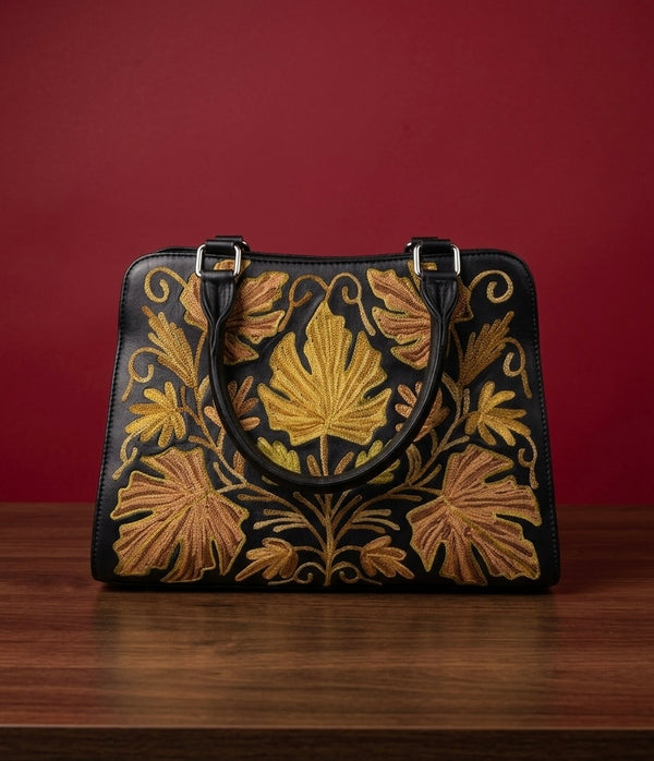 Sheep Leather Sling Bag – Yellow Embroidery(Black)