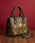 Small Handbag Full grain Real Sheep leather with Yellow aari work ( Deep chocolate brown)