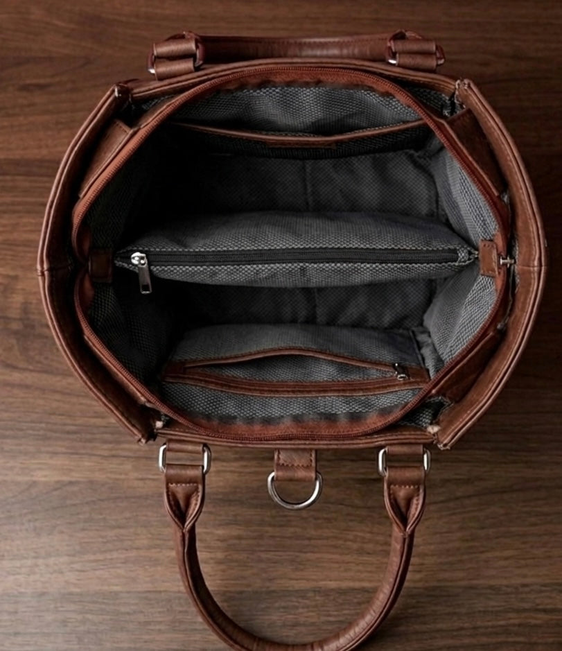 Small Handbag Full grain Real Sheep leather with Purple aari work ( Deep chocolate brown)