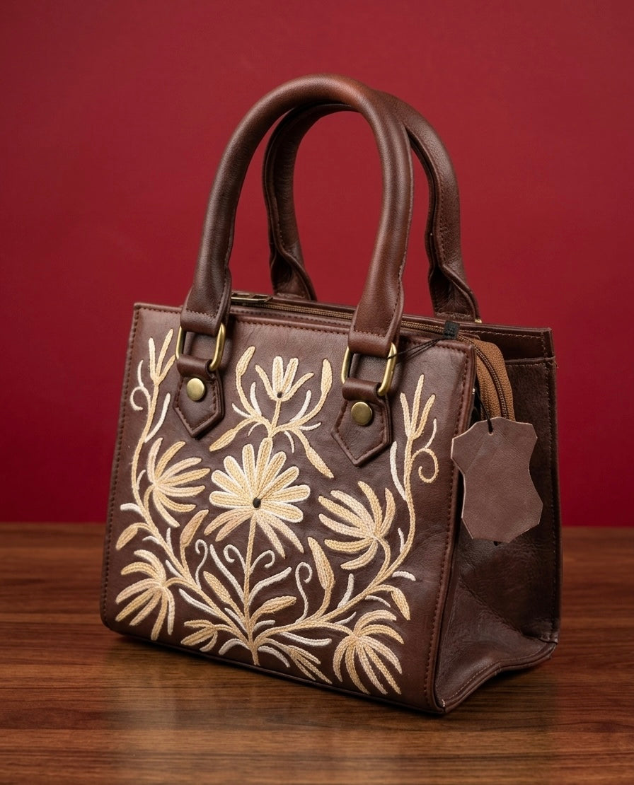 Small Handbag Full grain Real Sheep leather with aari work ( Dark chocolaty brown)