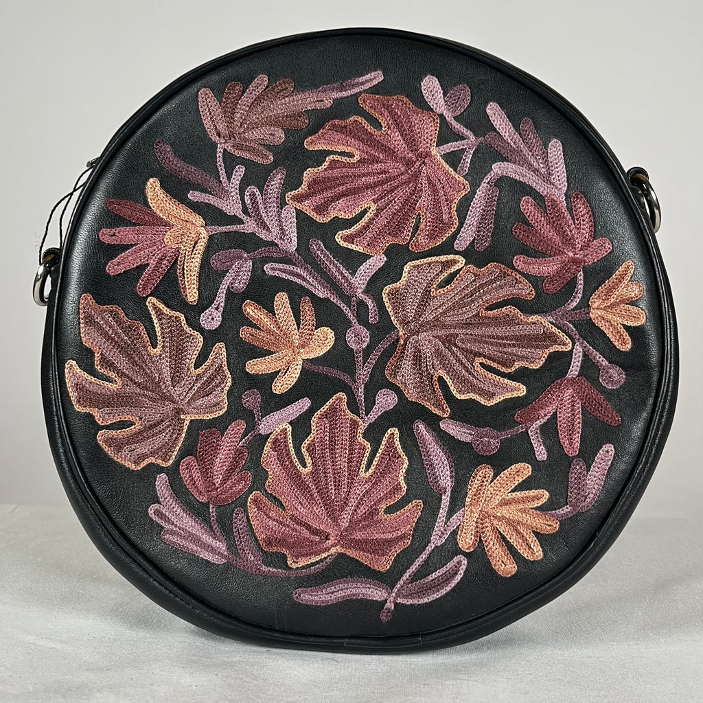 Black real sheep leather circle bag with hand embroidery from Kashmir