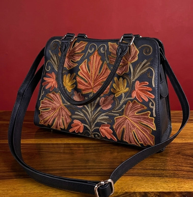 Buffalo Leather Sling Bag – (Black) Red Maple Embroidery