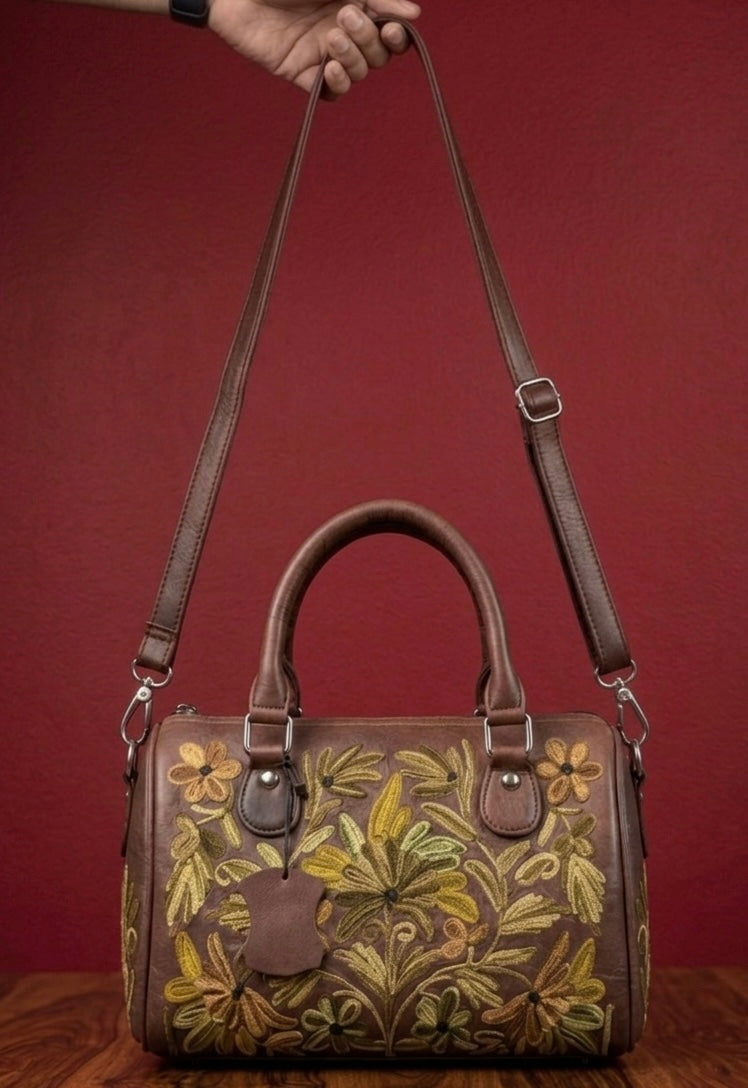 Mini Duffle Bag Full Grain Real Sheep leather with Green Aari Embroidery (Deep Maroonish Brown)