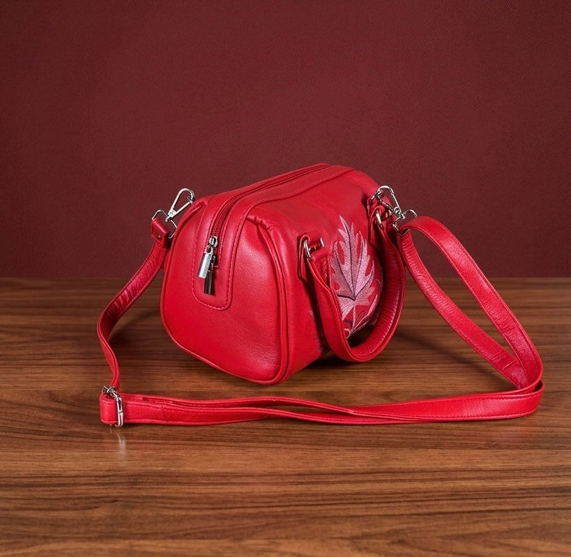 Boston Sling Bag Sheep Leather  – Hand Embroidered (Red)