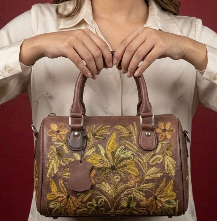 Mini Duffle Bag Full Grain Real Sheep leather with Green Aari Embroidery (Deep Maroonish Brown)