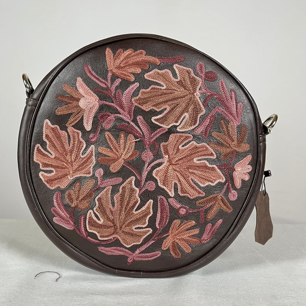 Brown real sheep leather circle bag with hand embroidery from Kashmir
