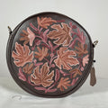 Brown real sheep leather circle bag with hand embroidery from Kashmir