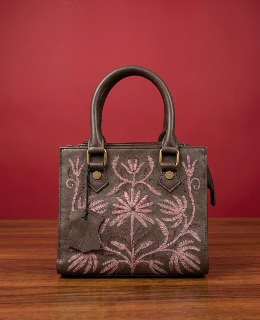 Small Handbag Full grain Real Sheep leather with Purple aari work ( Deep chocolate brown)