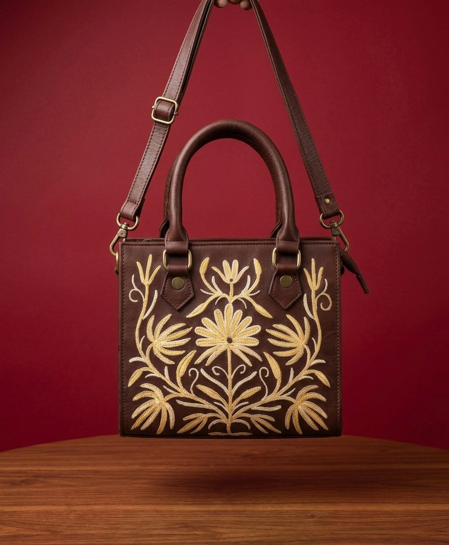 Small Handbag Full grain Real Sheep leather with aari work ( Dark chocolaty brown)