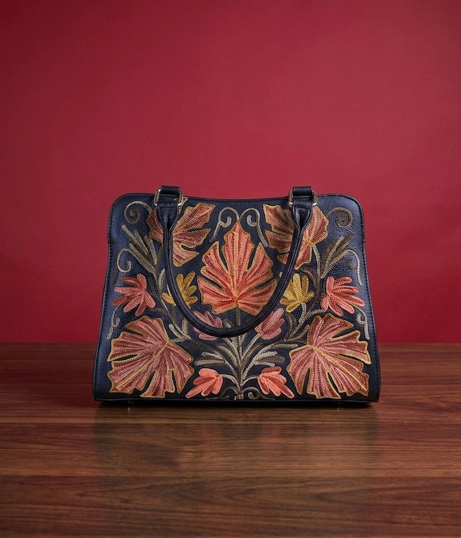 Buffalo Leather Sling Bag – (Black) Red Maple Embroidery