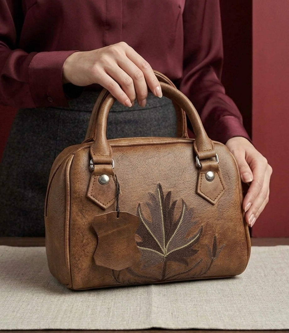 Boston Sling Full Grain Sheep Leather Handembroided  Handbag (Brown)